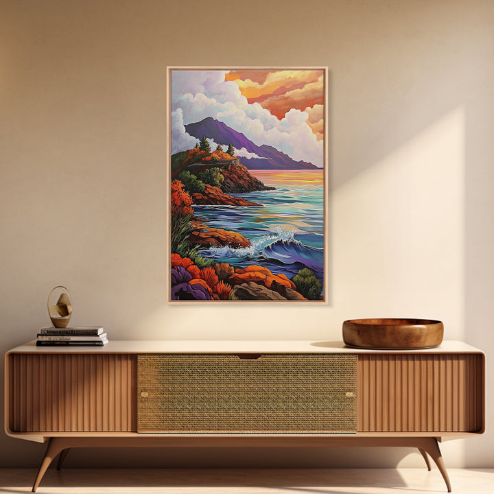 Cliffs Waves, Mountains, Autumn, Framed Canvas Print, coastal cliffs wall art, crashing waves painting, Autumn landscape, living room decor