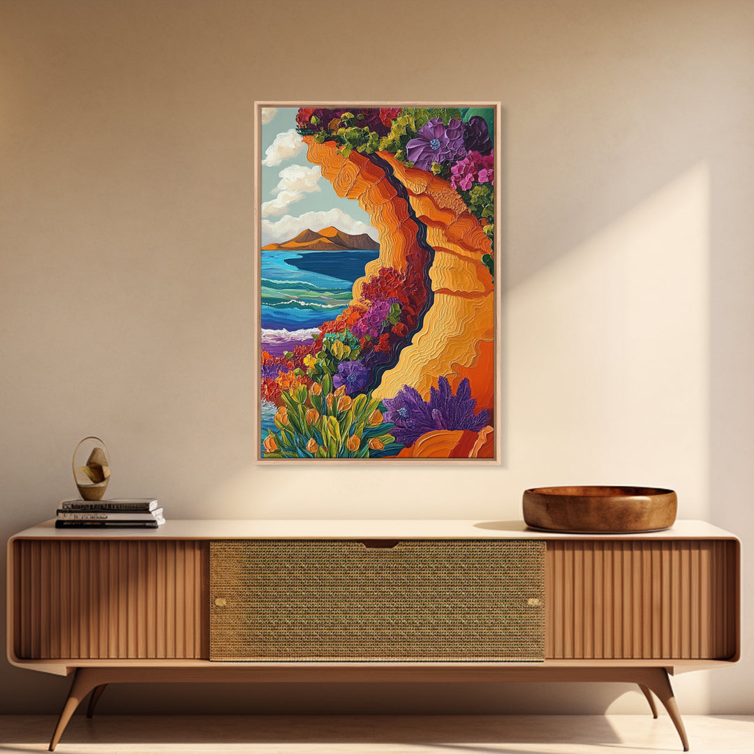 Cliffside Flowers, Ocean, Landscape, Framed Canvas Print floral coastal wall art, textured seaside painting, beach house decor, boho art style