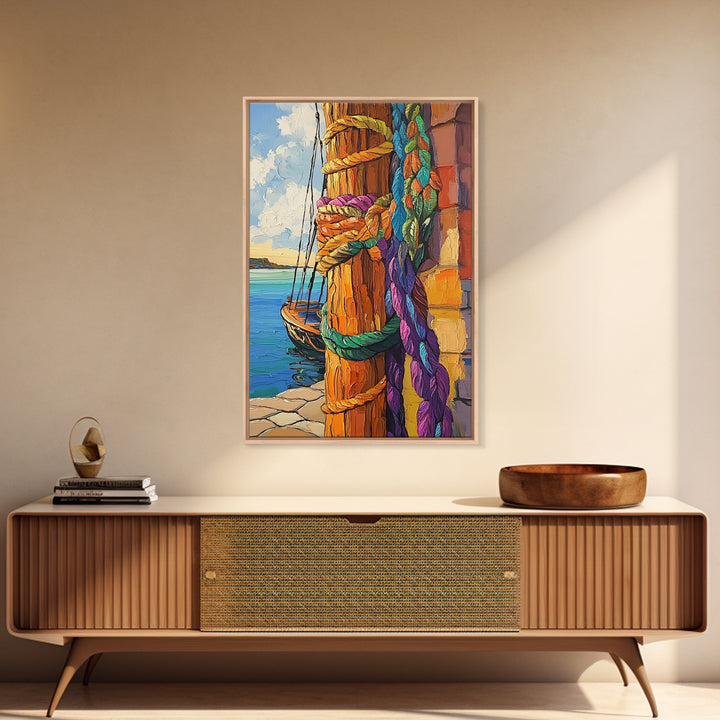 Boat Dock, Ropes, Framed Canvas Print, Nautical Coastal Wall Art, Vibrant Marina Scene, Boho Seaside Decor, Bathroom art, Office Wall Art
