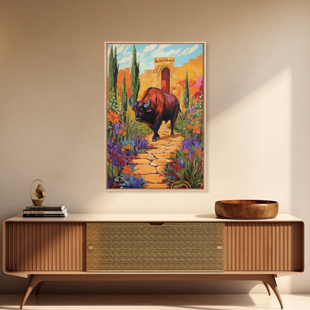Bison Path, Desert, Framed Canvas Print, Southwest Bull Wall Art, Rustic Western Decor, Vibrant Nature Boho Style, Entryway Wall Art