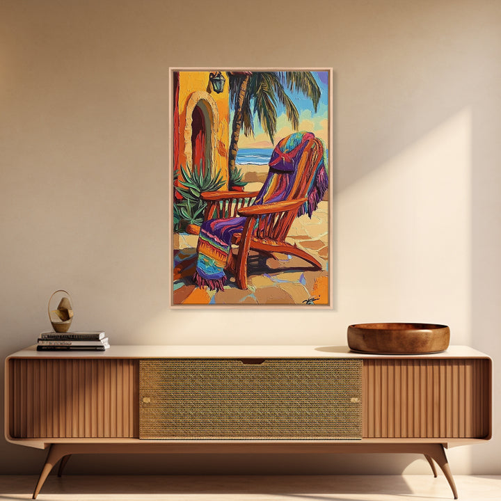 Chair Blanket, Breeze, Shore, Canvas Print, beach chair art, coastal boho decor, sunny retreat wall art, tropical relaxation, porch vibes