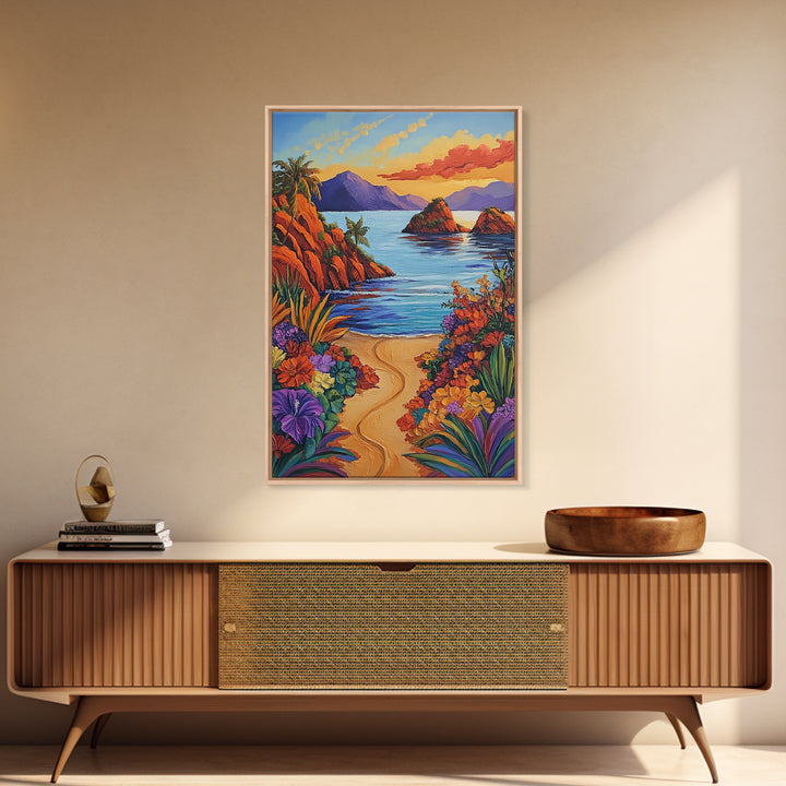 Beach, Sunset, Tropical, Floral Framed Canvas Print, Coastal Living Room Wall Art, Island Paradise Decor, Vibrant Summer Artwork