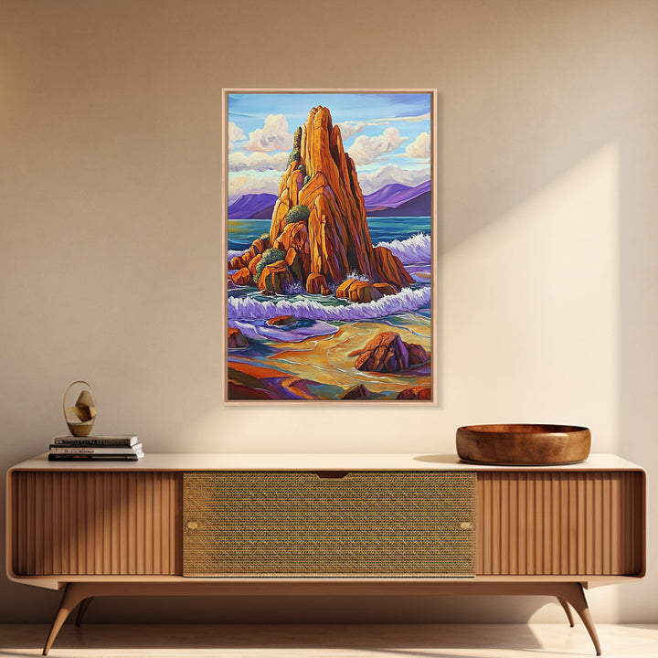 Ocean Cliff, Coastal, Bold Framed Canvas Print, Nature Inspired Bathroom Wall Art, Seaside Landscape Decor, Vibrant Rocky Shoreline