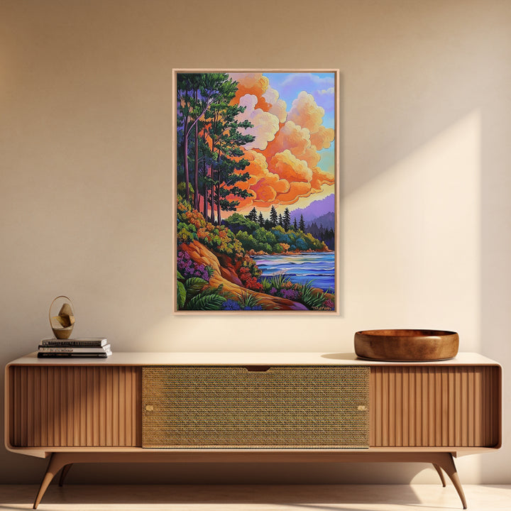 Pine Forest, Sunset, River, Framed Canvas Print, vibrant mountain art, autumn wall decor, cozy cabin wall art, rustic lodge artwork