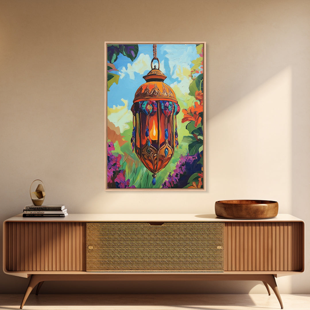 Boho Lantern, Glow, Garden, Framed Canvas Print, Moroccan Lantern Art, Boho Wall Decor, Eclectic Lighting Artwork, Patio Living Room Art