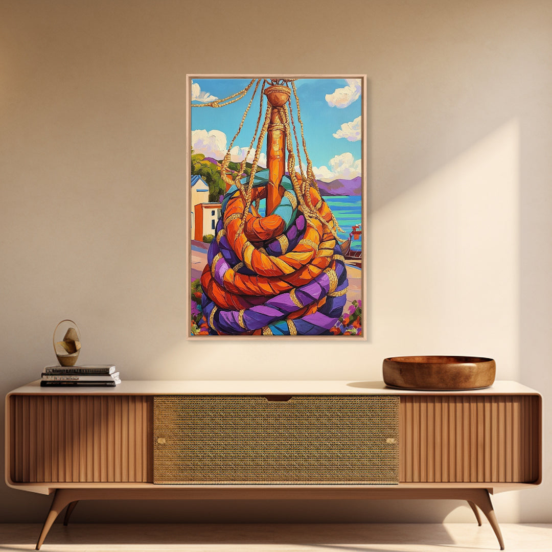 Nautical Rope, Dock, Summer, Framed Canvas Print, Nautical Rope Wall Art, Summer Decor, Bright Harbor Painting, Beach House Wall Accent