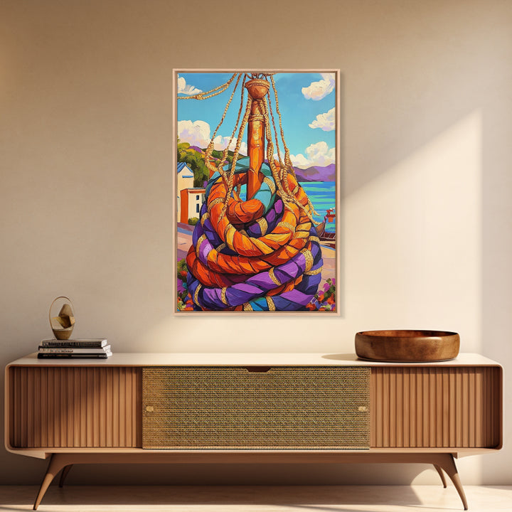 Nautical Rope, Dock, Summer, Framed Canvas Print, Nautical Rope Wall Art, Summer Decor, Bright Harbor Painting, Beach House Wall Accent