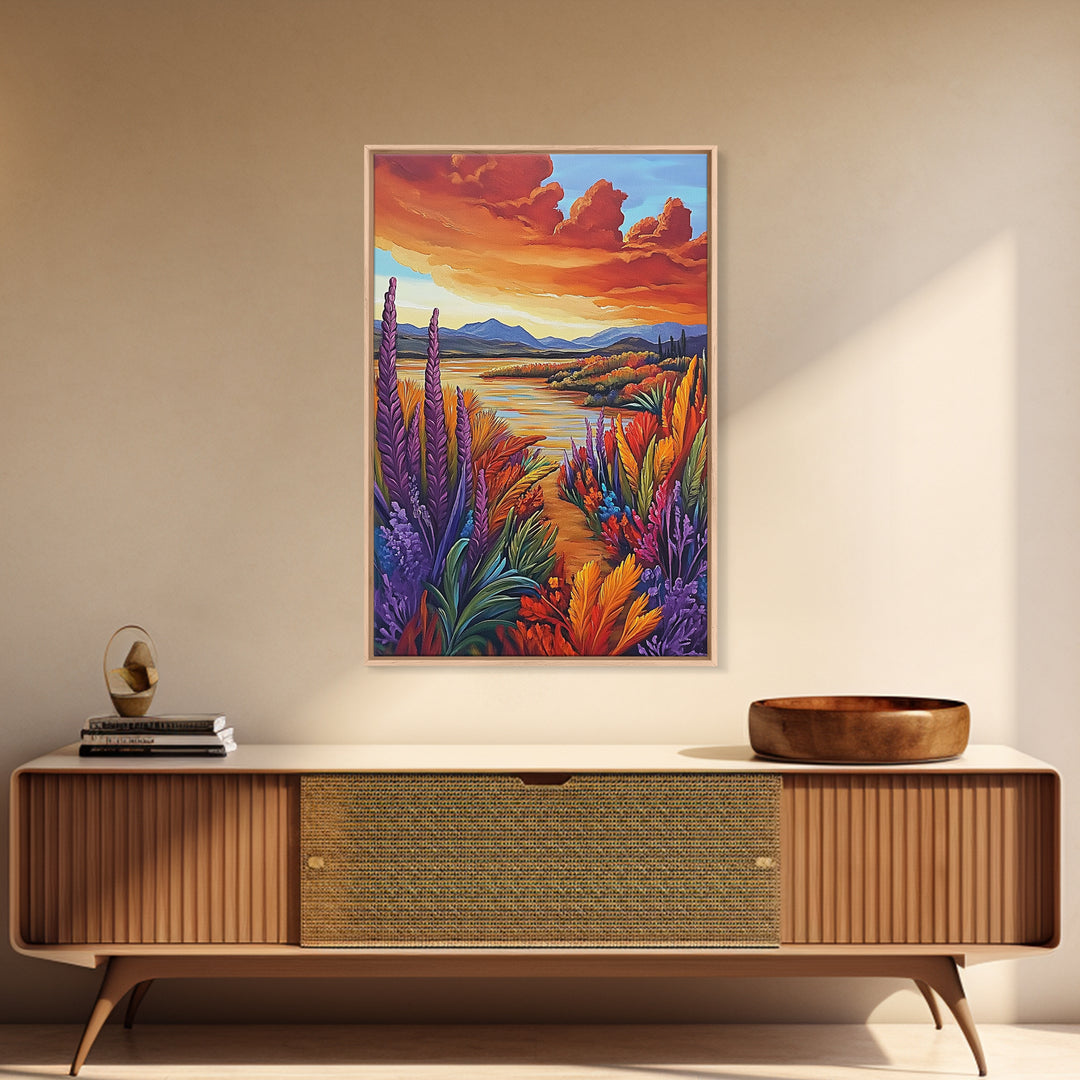 Autumn Lake, Trail, Fall Landscape Painting, Warm Sunset Wall Decor, Living Room Boho Vibes, Framed Canvas Print