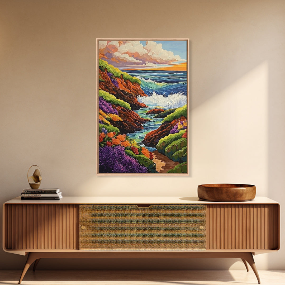 Ocean Cliffs, Wildflowers, Vibrant Coast Framed Canvas Print, Spring Beach Wall Art, Boho Living Room Decor, Bold Coastal Art