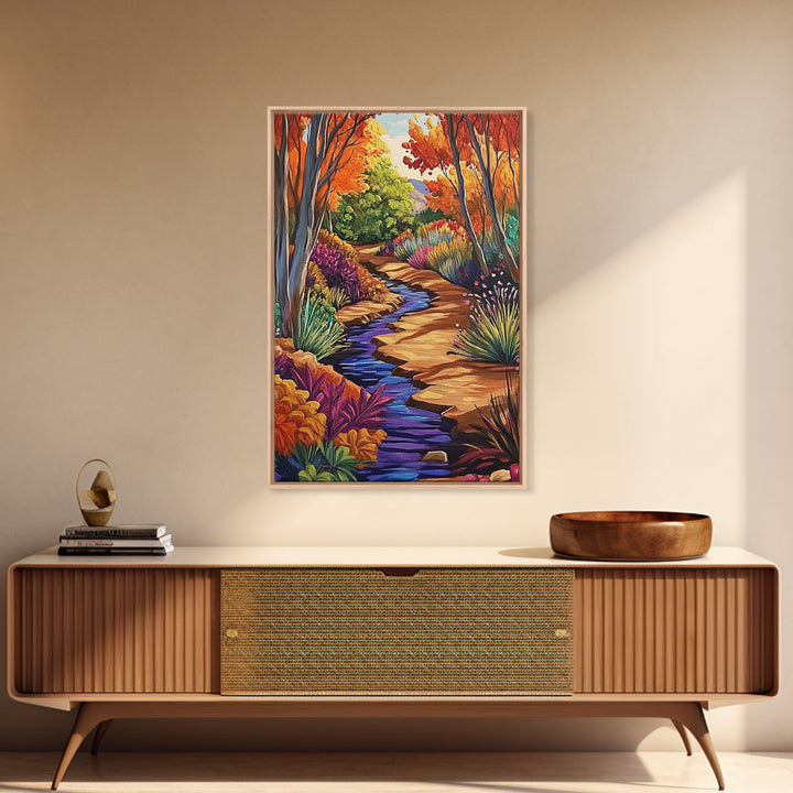 Autumn Forest, Stream, Pathway, Framed Canvas Print, Fall Nature Wall Art, Cozy Cabin Decor, Boho Living Room Landscape Artwork