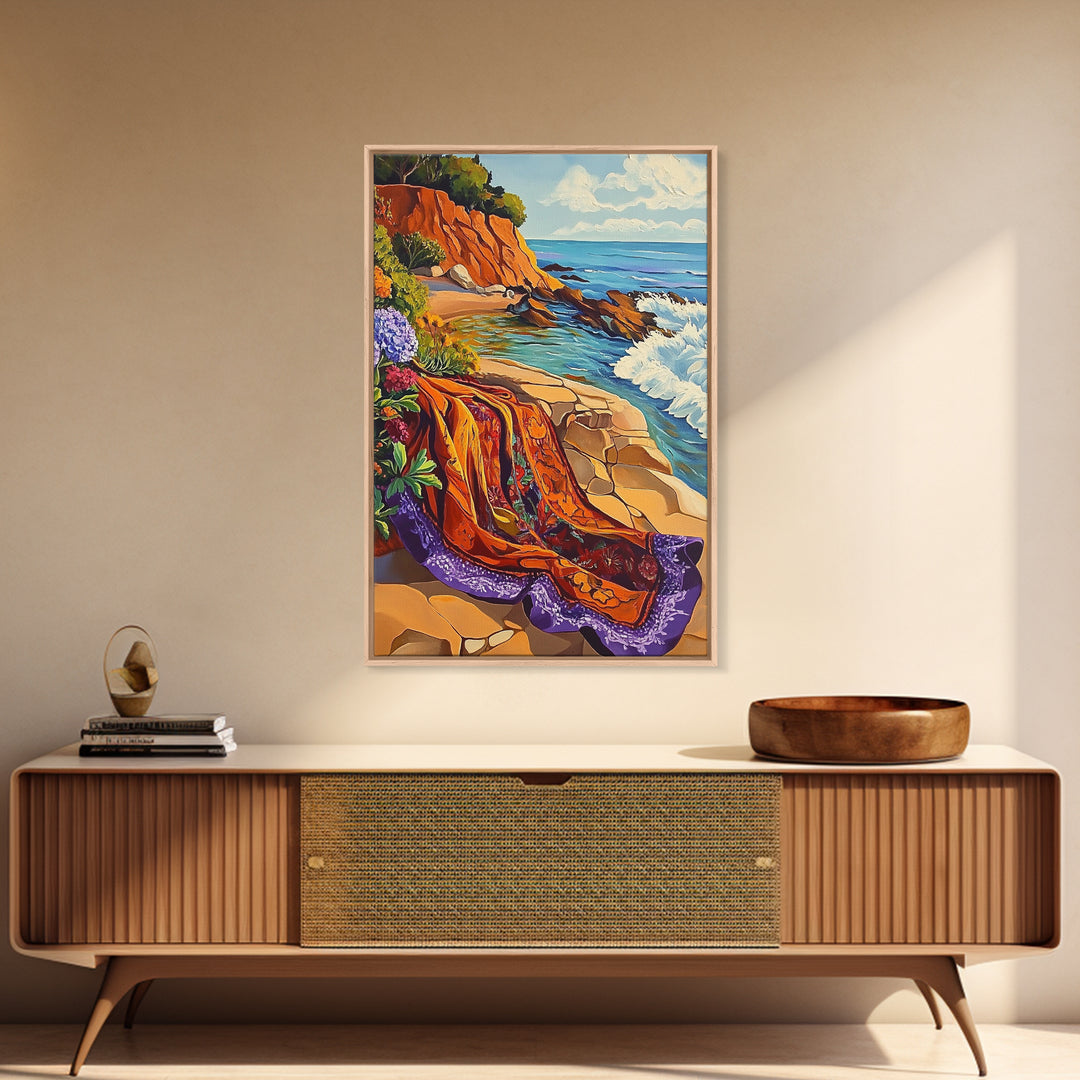 Ocean Blanket, Coast, Framed Canvas Print, Coastal boho art, beach blanket painting, vibrant seashore scene, bedroom wall art, summer vibes