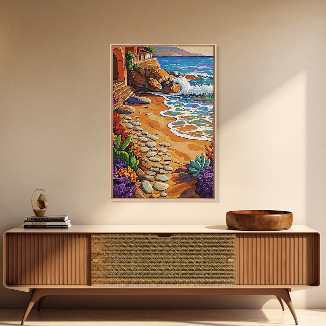 Coastal Path, Beach Steps, Ocean View, Canvas Print, tropical art, relaxing decor, vibrant seascape, Bathroom Wall Art