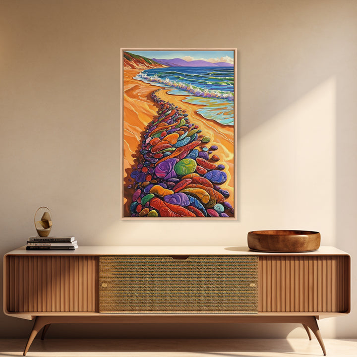 Colorful Rocks, Coastal Art, Vibrant Beach, Framed Canvas Print, nature-inspired painting, whimsical art, Hallway Wall Art