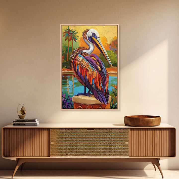 Pelican Portrait, Coastal Bird, Tropical Scene, Canvas Print, beach house decor, boho coastal art, Wildlife Painting, Living Room Wall Art