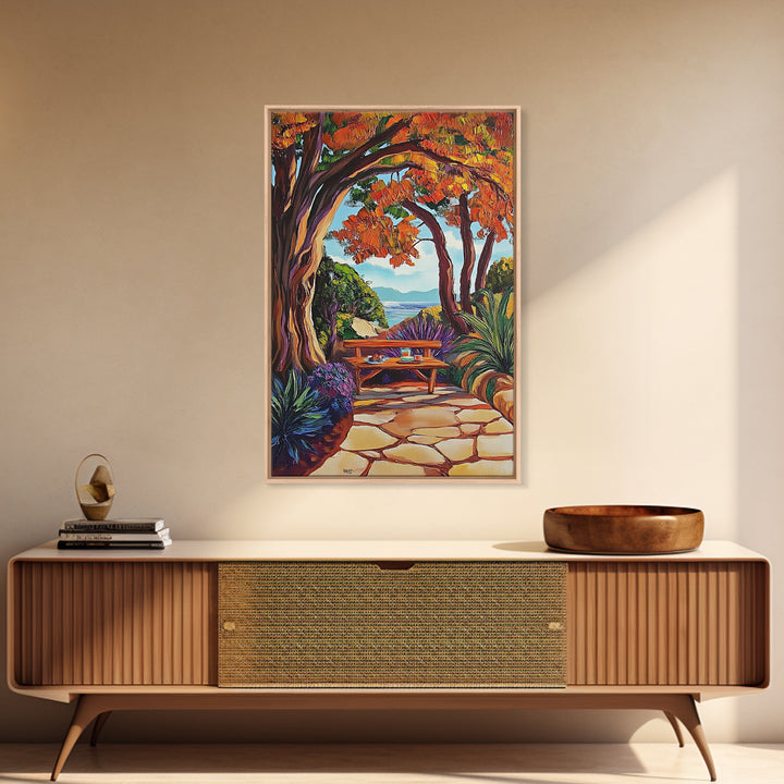 Autumn Table, Garden Path, Scenic View, Framed Canvas Print, cozy fall art, rustic decor, nature painting, Dining Room Wall Art