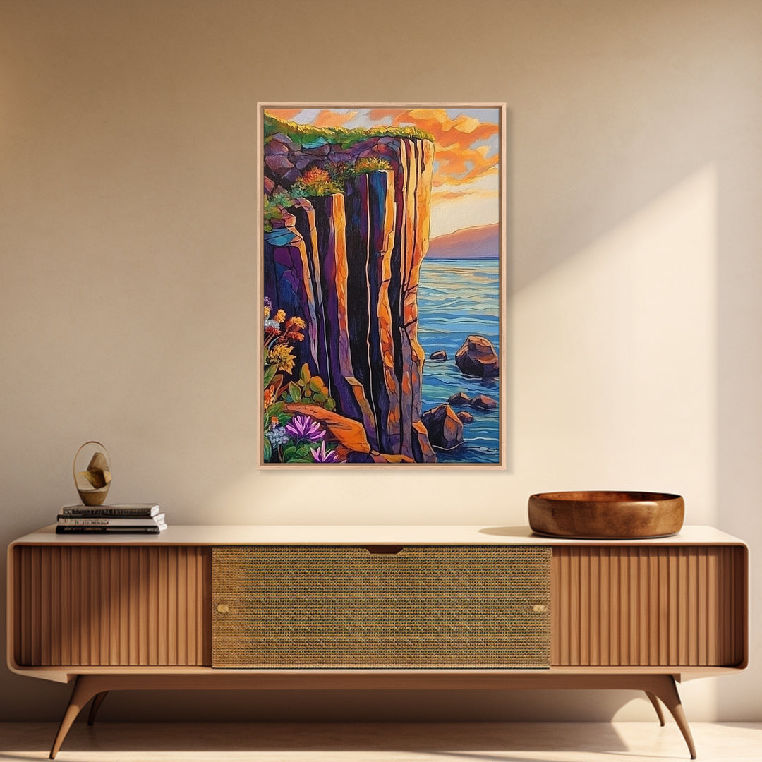 Cliff Sunset, Sea, Canvas Print, Bold coastal wall art, rocky cliff painting, dramatic sunset scene, office or den decor, nature inspired art