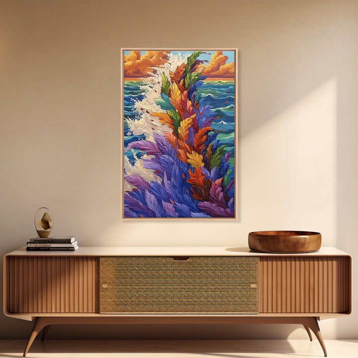 Ocean Feathers, Splash Art, Bright Abstract, Color Burst, Framed Canvas Print, Living Room Wall Art, modern tropical art, bold color