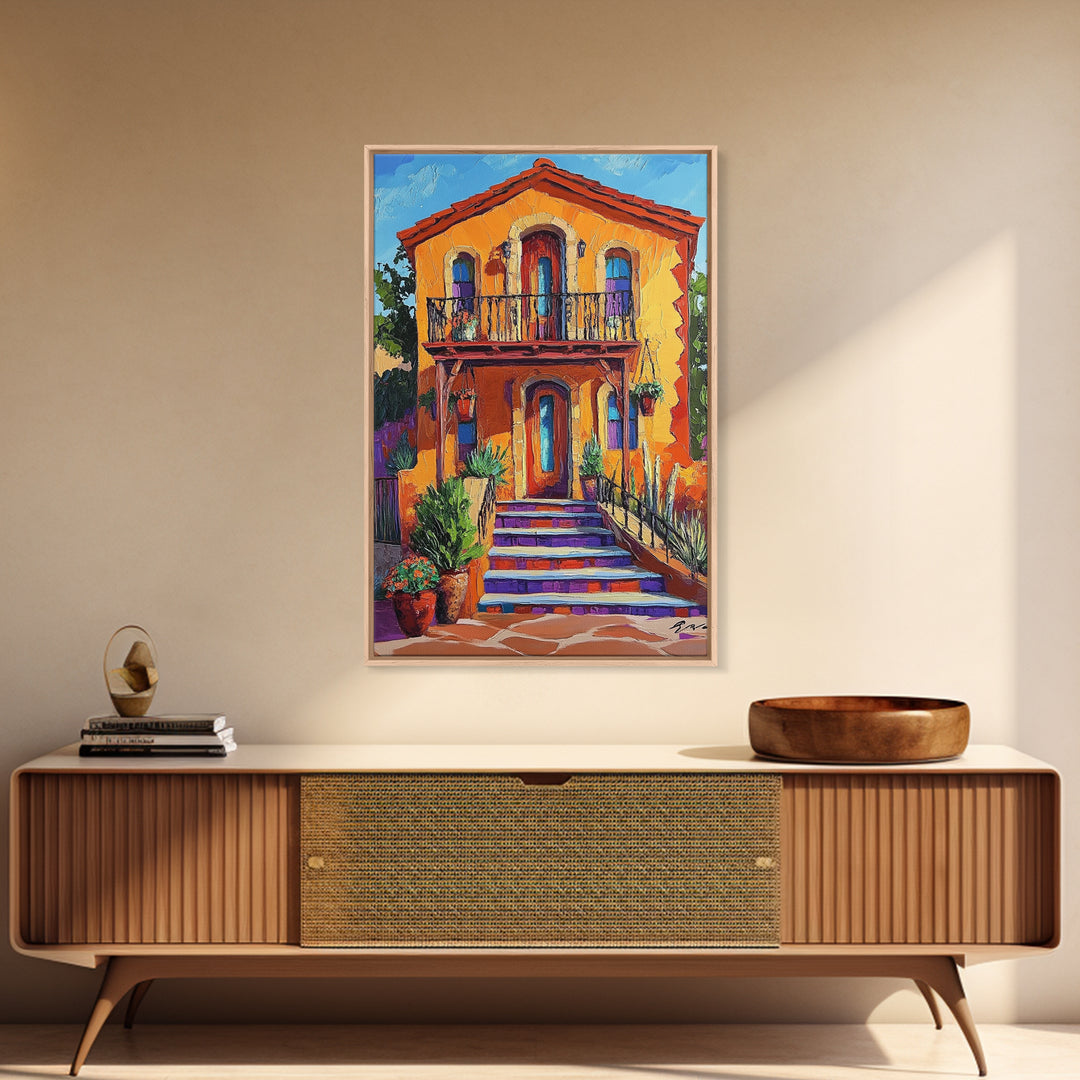 Adobe House, Vibrant Southwest, Fall Architecture Wall Art, Canvas Print, Rustic Staircase Scene, Boho Living Room Decor, Warm Entryway Art