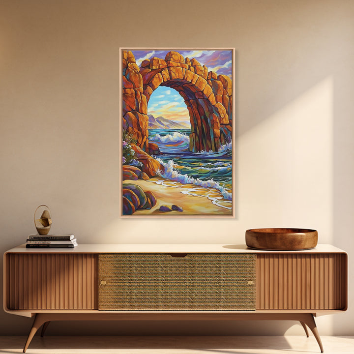 Ocean Arch, Wave Drama, Cliff Coast, Sunset Light, Framed Canvas Print, Living Room Wall Art, Coastal Landscape, Nature Inspired Art