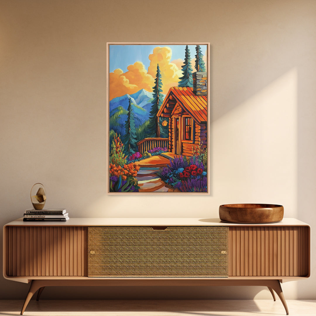 Cabin Escape, Fall Glow, Mountain Forest, Rustic Beauty, Canvas Print, Autumn Wall Art, Log Cabin Decor, Cozy Living Room Accent