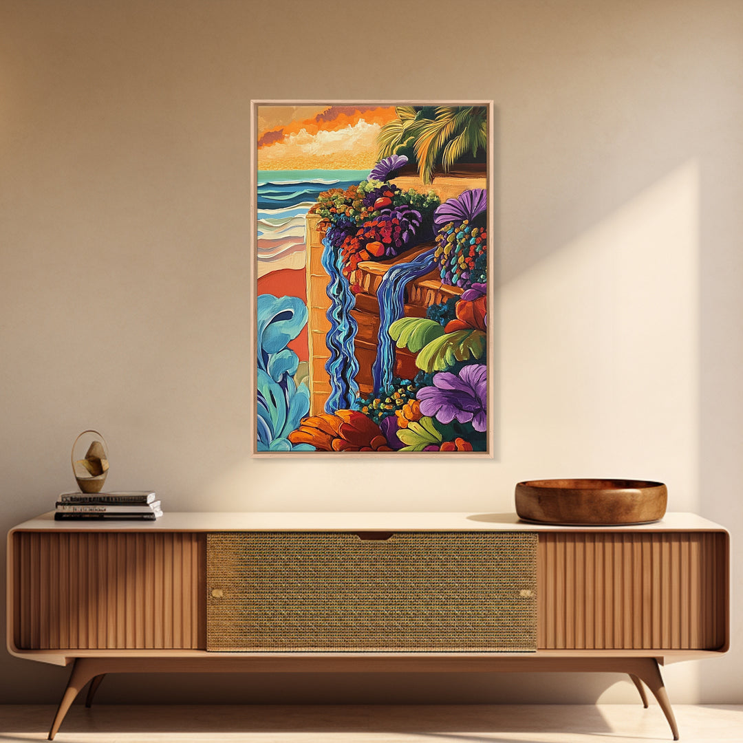 Tropical Garden Waterfall, Coastal Wall Art, Sunset Jungle Scene, Framed Canvas Print, Vibrant Nature Painting, Living Room Boho Art