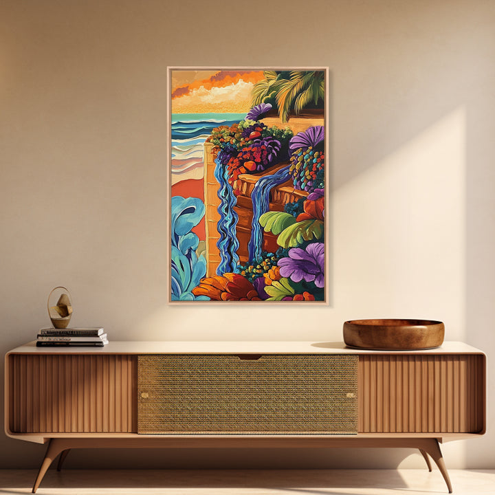 Tropical Garden Waterfall, Coastal Wall Art, Sunset Jungle Scene, Framed Canvas Print, Vibrant Nature Painting, Living Room Boho Art
