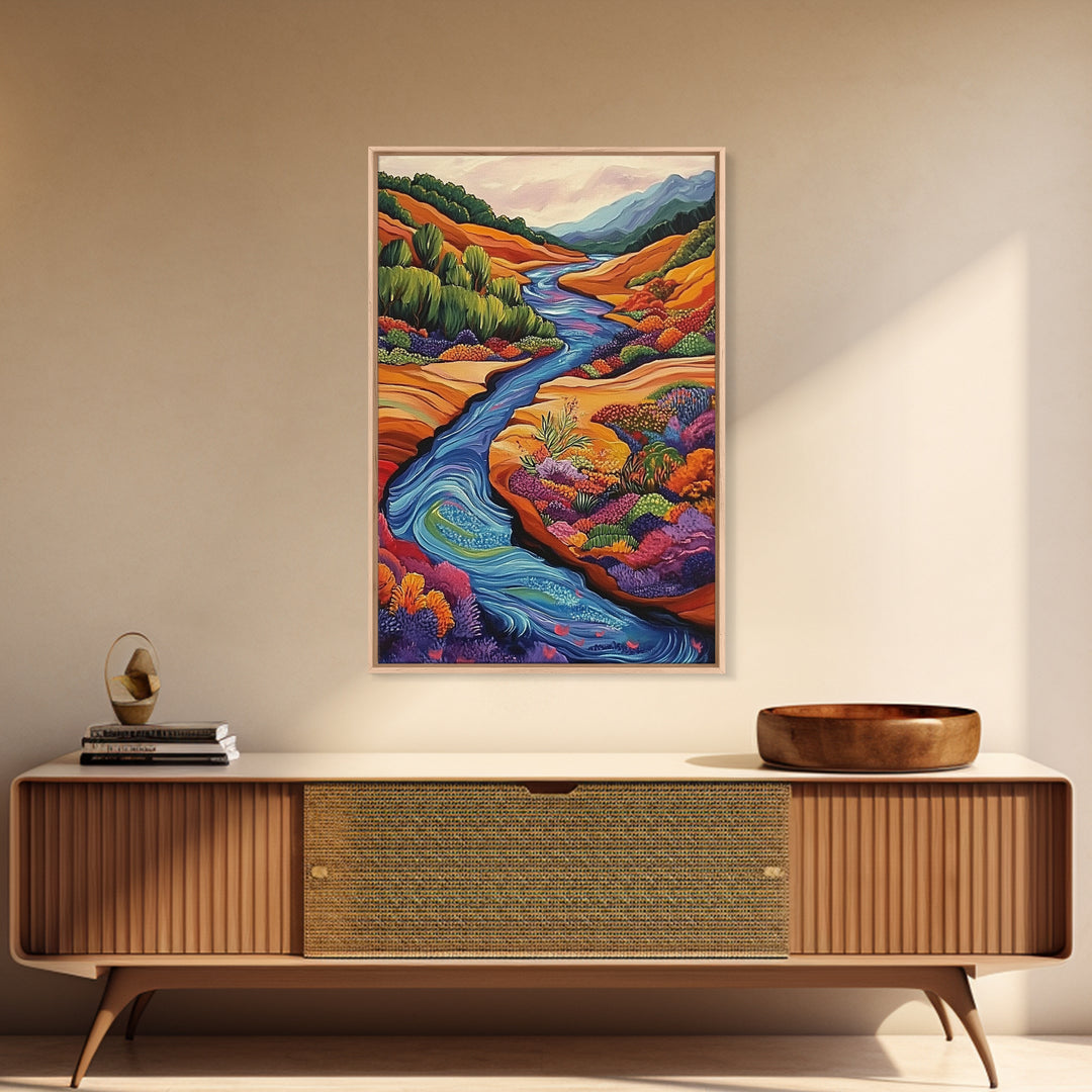 Autumn River Valley, Floral Hillside Art, Bright Fall Landscape, Framed Canvas Print, Seasonal Wall Decor, Living Room Autumn Art