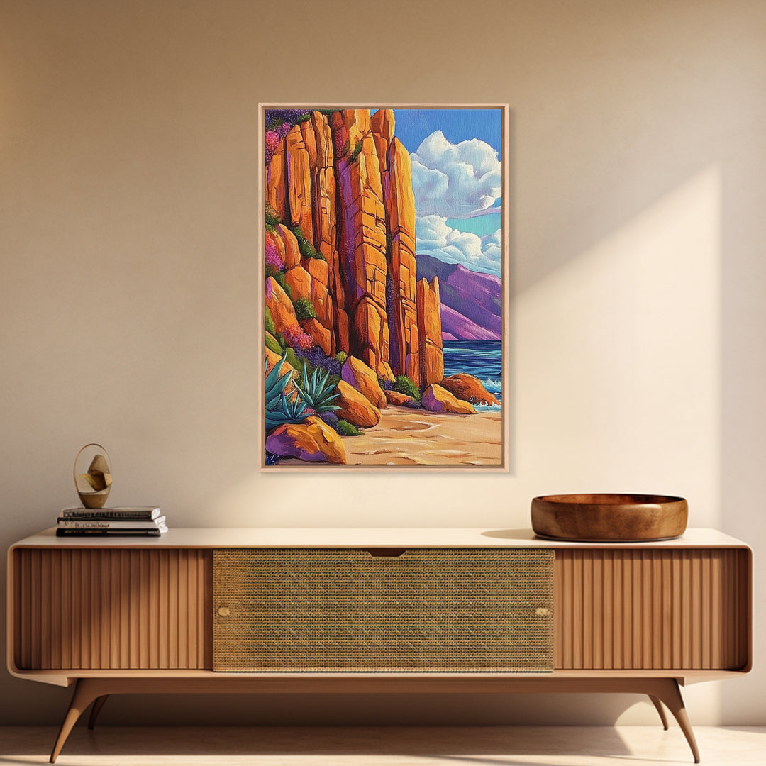 Desert Cliffs and Sea, Coastal Rock Formation, Vibrant Shoreline Scene, Canvas Print, Living Room Wall Art, Bold Nature Painting