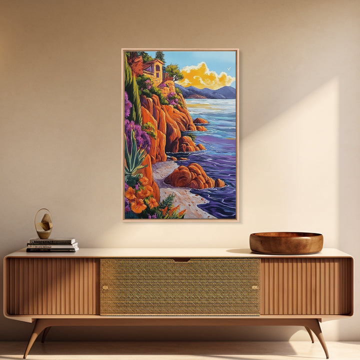 Ocean Cliffside Villa, Seaside Sunset Art, Purple Water Shoreline, Canvas Print, Kitchen Wall Art, Vibrant Mediterranean Landscape