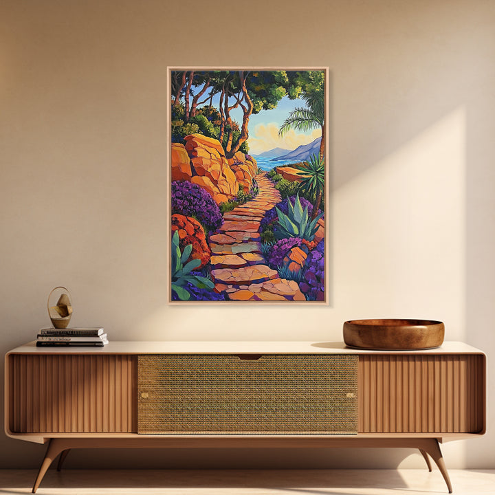 Coastal Trail, Vibrant Path, Tropical Landscape, Nature Art, Sunset Vibes, Living Room Wall Art, Canvas Print, Boho Chic Decor