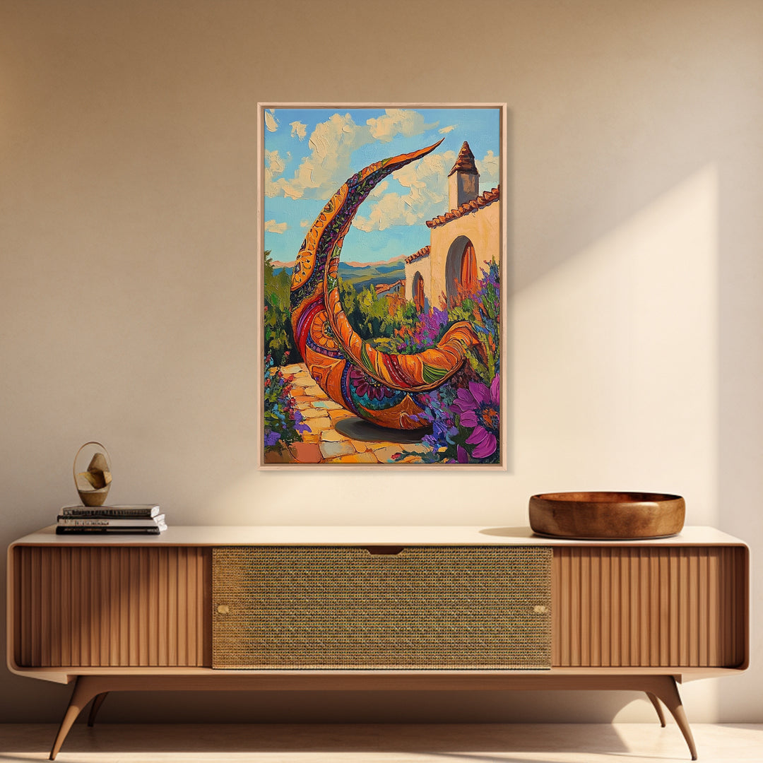 Crescent Sculpture, Sunset Courtyard, Boho Garden Art, Vibrant Southwest Style, Outdoor Decor, Framed Canvas Print, Patio Wall Art
