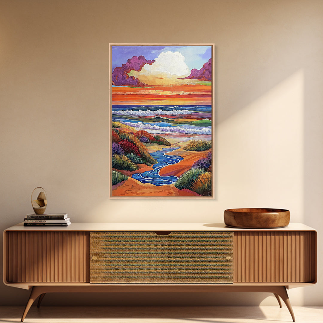 Coastal Sunset, Rolling Waves, Vibrant Beachscape, Boho Ocean Scene, Living Room Wall Art, Seaside Decor, Framed Canvas Print