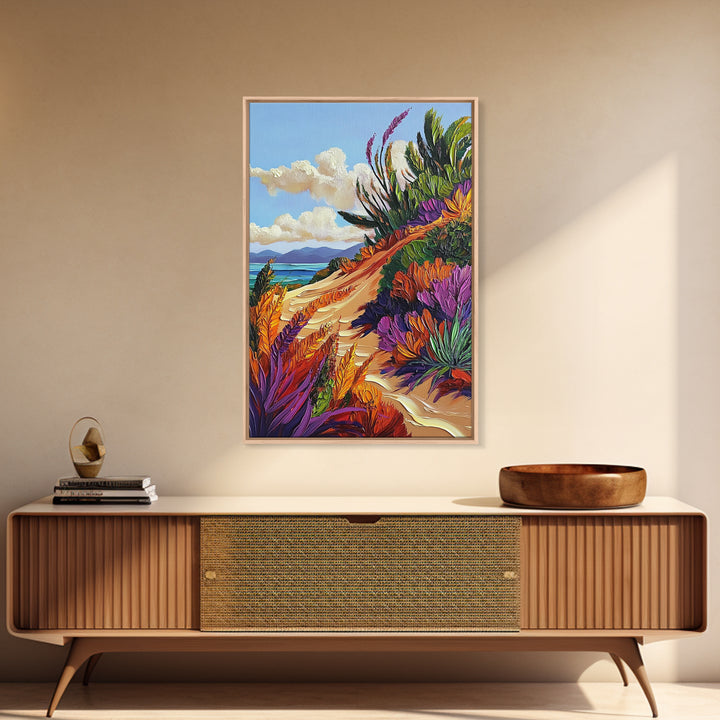 Ocean Cliff Path, Colorful Flora, Coastal Desert View, Summer Breeze Art, Beach House Wall Art, Canvas Print, Boho Nature Style