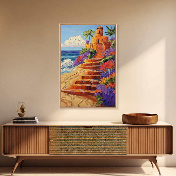 Coastal Castle, Vibrant Tropics, Seaside Fantasy Art, Bold Beach Decor, Playful Wall Accent, Framed Canvas Print, Tropical Style Room
