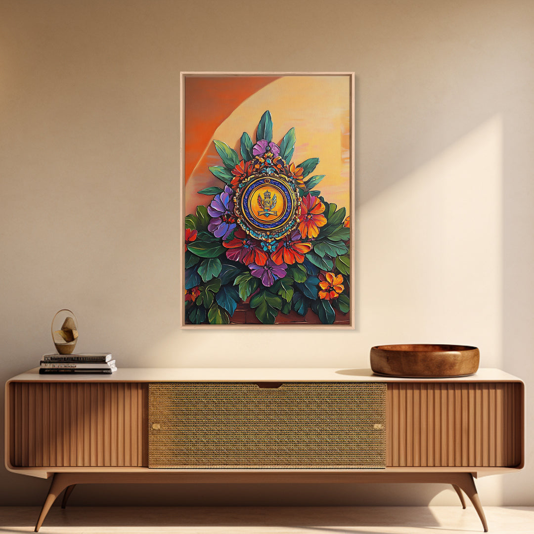 Royal Crest, Floral Emblem, Mediterranean Decor, Vibrant Details, Framed Canvas Print, Kitchen Wall Art, Spanish Wall Art, Regal Vibe