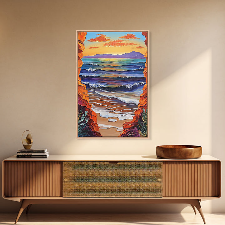 Ocean Horizon, Cliffside View, Sunset Waves, Peaceful Seascape, Framed Canvas Print, Living Room Wall Art, Beach Window View