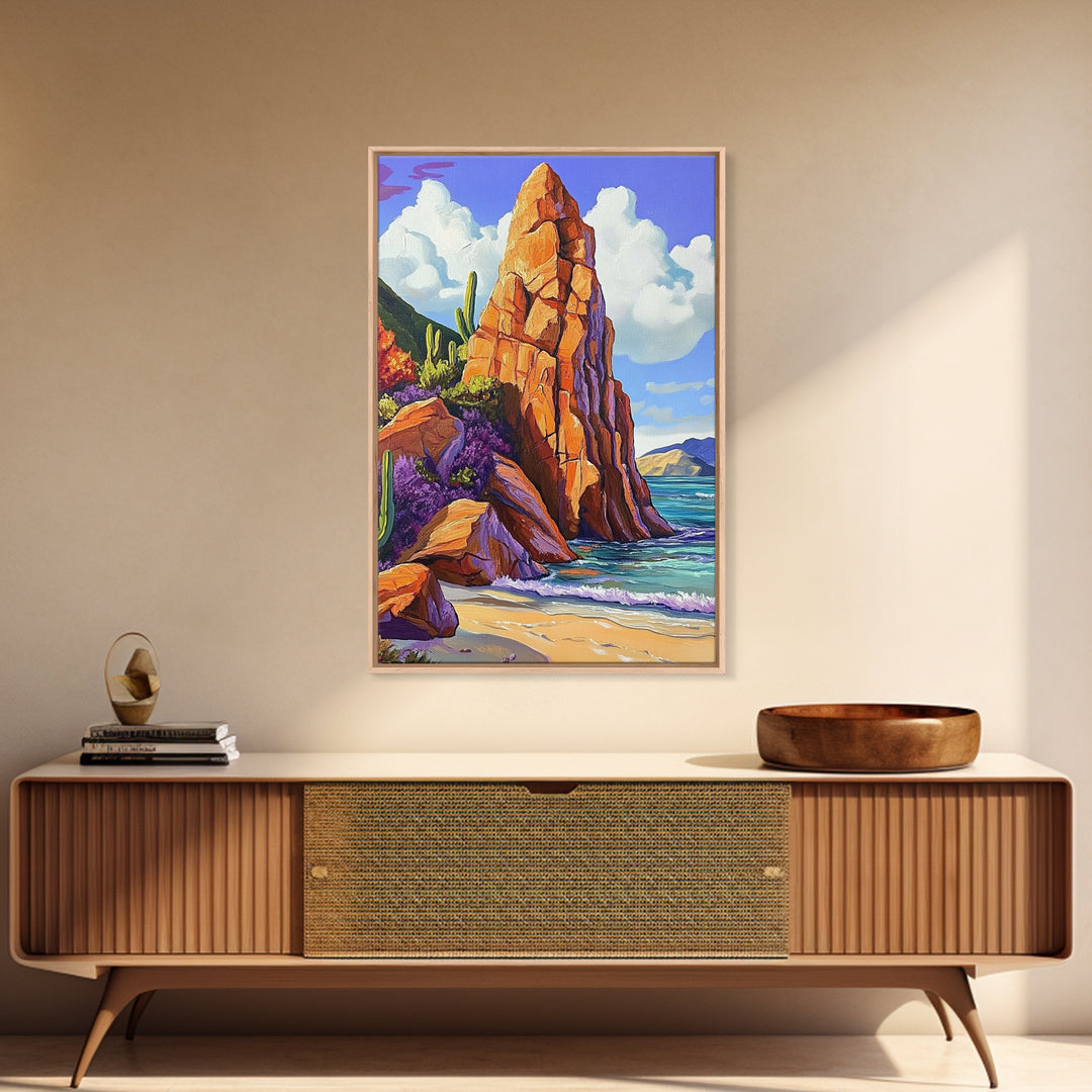 Rocky Spire, Cactus Landscape, Desert Coastline, Nature Escape, Framed Canvas Print, Western Wall Art, Adventure Travel Aesthetic