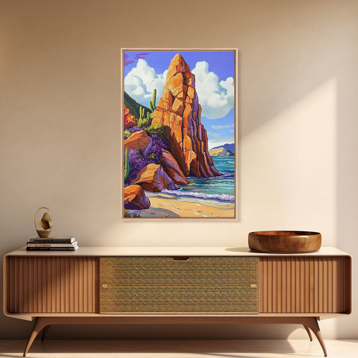 Rocky Spire, Cactus Landscape, Desert Coastline, Nature Escape, Framed Canvas Print, Western Wall Art, Adventure Travel Aesthetic