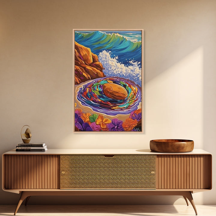 Ocean Spiral Stones, Coastal Zen Art, Sea Energy Waves, Framed Canvas Print, Boho Beach Wall Art, Meditation Room Decor, Nature Spiritual Art