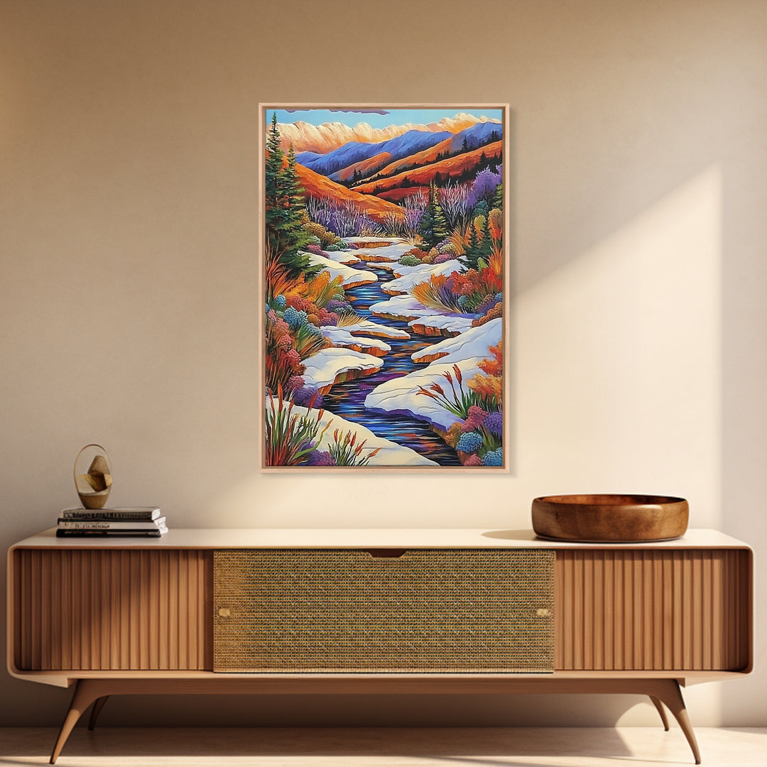 Autumn Snow Creek, Mountain Fall Scene, Nature River Painting, Framed Canvas Print, Cozy Living Room Wall Art, Rustic Cabin Style