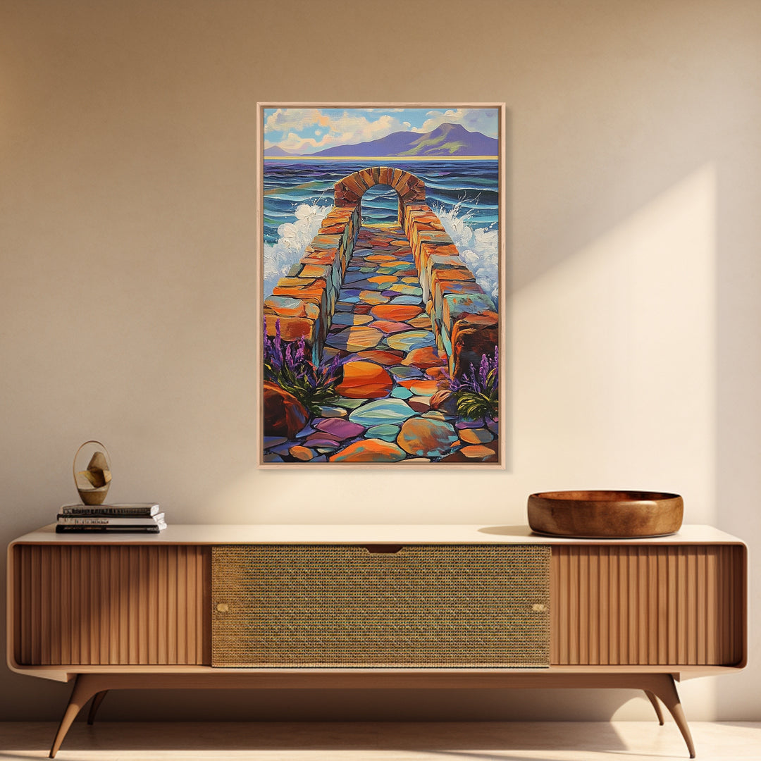 Ocean Stone Path Painting, Canvas Print, Coastal entryway art, vibrant beach decor, boho landscape print, nautical wall piece