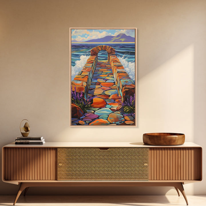 Ocean Stone Path Painting, Canvas Print, Coastal entryway art, vibrant beach decor, boho landscape print, nautical wall piece
