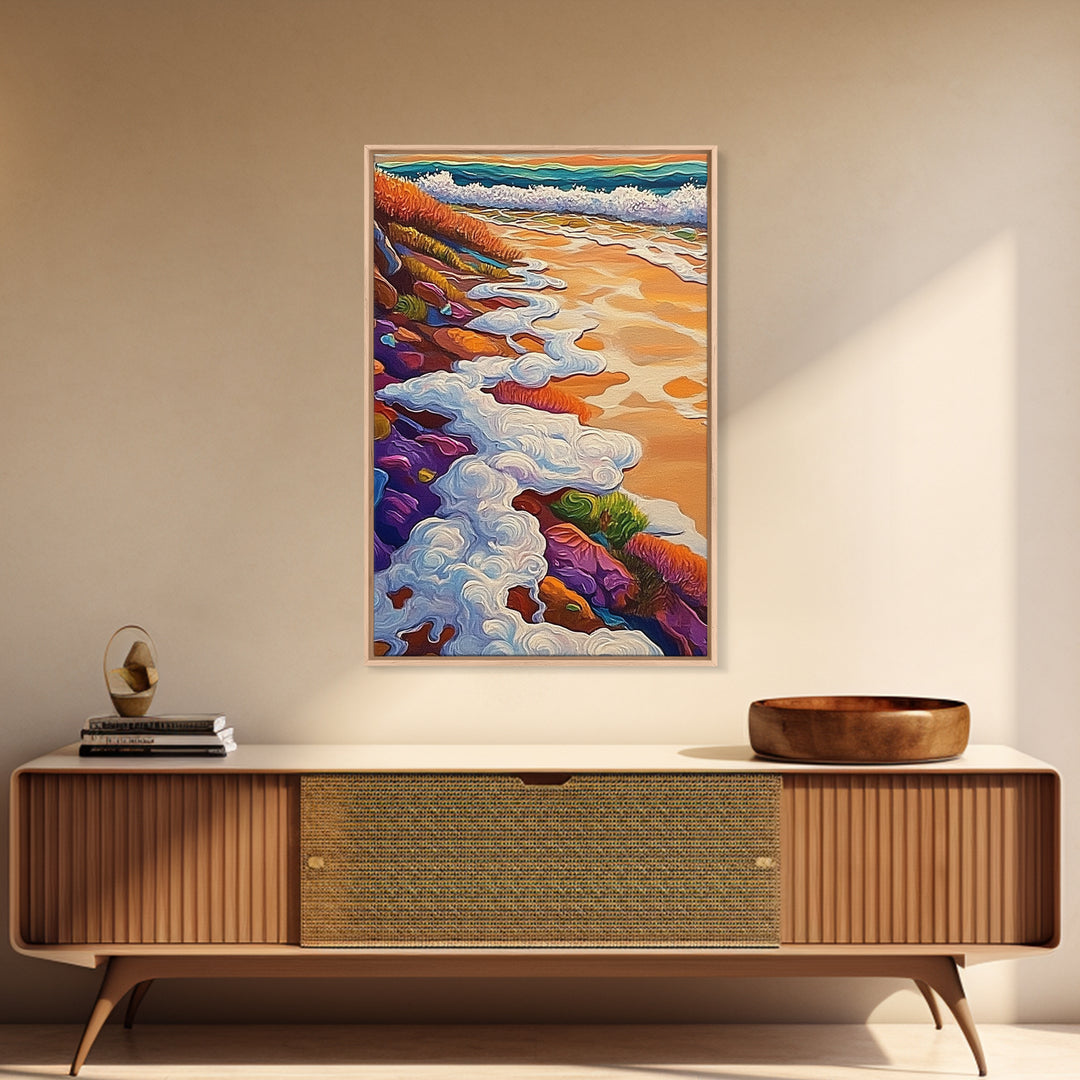 Ocean Shore Foam, Abstract Beach Scene, Coastal Texture Art, Framed Canvas Print, Summer Bathroom Wall Art, Vibrant Seaside Style