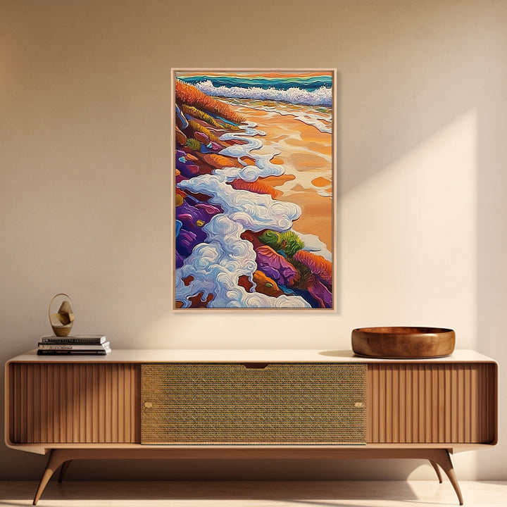 Ocean Shore Foam, Abstract Beach Scene, Coastal Texture Art, Framed Canvas Print, Summer Bathroom Wall Art, Vibrant Seaside Style