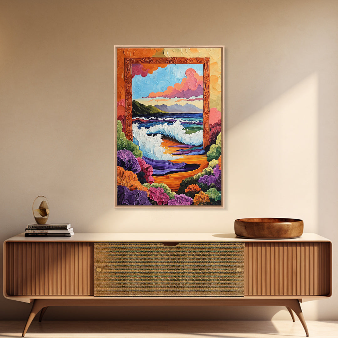 Ocean Frame, Crashing Waves, Surreal Seascape, Floral Shoreline, Framed Canvas Print, Coastal Wall Art, Bathroom Decor, Dreamy Beach Art