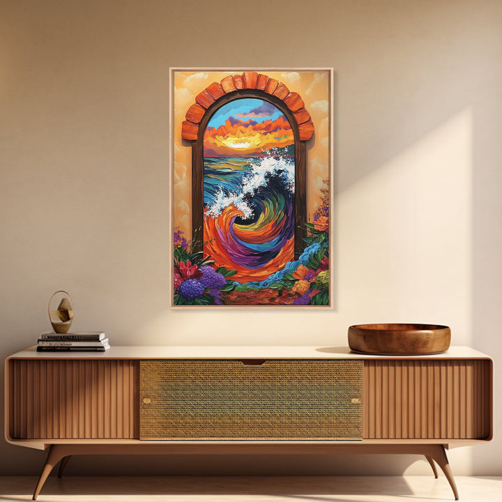 Ocean Wave Portal, Whimsical Sea Art, Sunset Coastal Decor, Framed Canvas Print, Living Room Accent, Vivid Nautical Painting