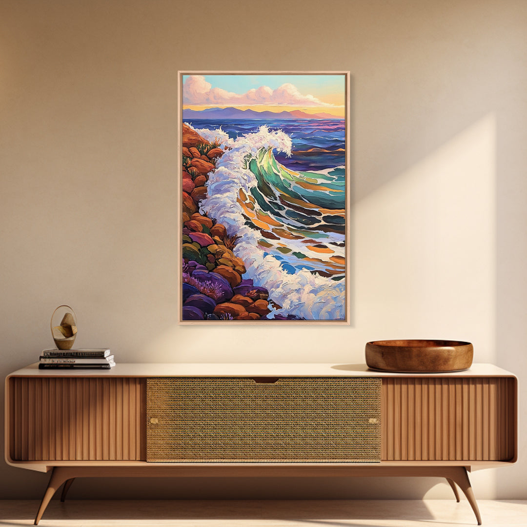 Crashing Ocean Wave, Rocky Coastline Scene, Vibrant Beach Art, Framed Canvas Print, Nature Inspired, Coastal Living Room Wall Art