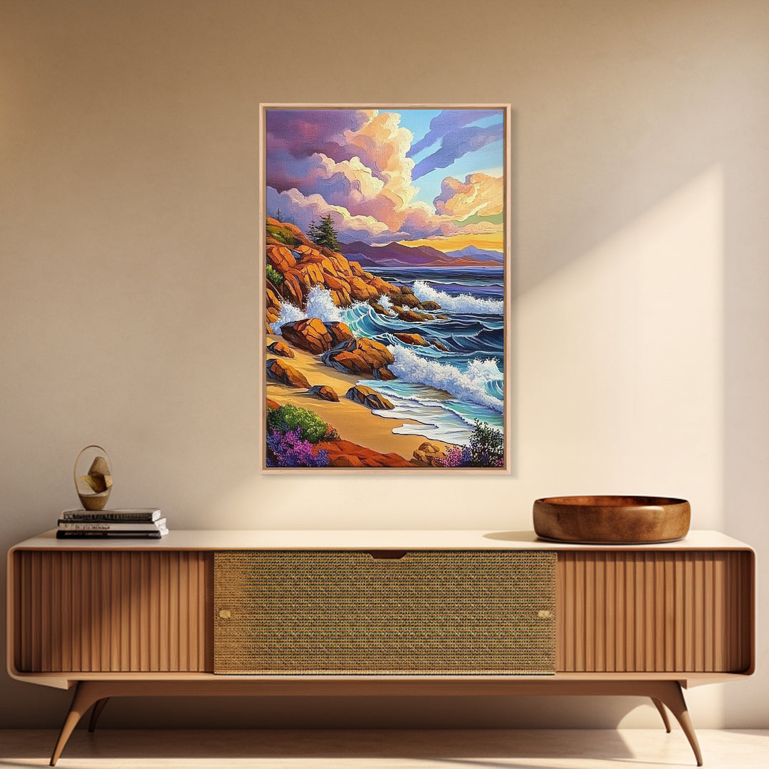 Rocky Beach Landscape, Dramatic Sky Scene, Coastal Ocean View, Canvas Print, Fall Nature Decor, Living Room Wall Art