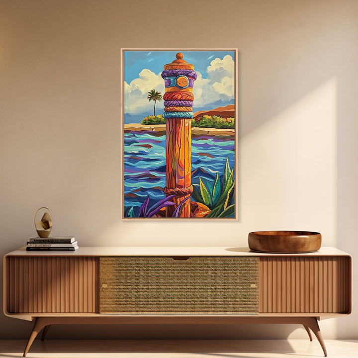 Nautical Pole Art, Tropical Shoreline Decor, Canvas Print, Coastal Boho Wall Art, Bathroom Beach Theme, Island Inspired Design