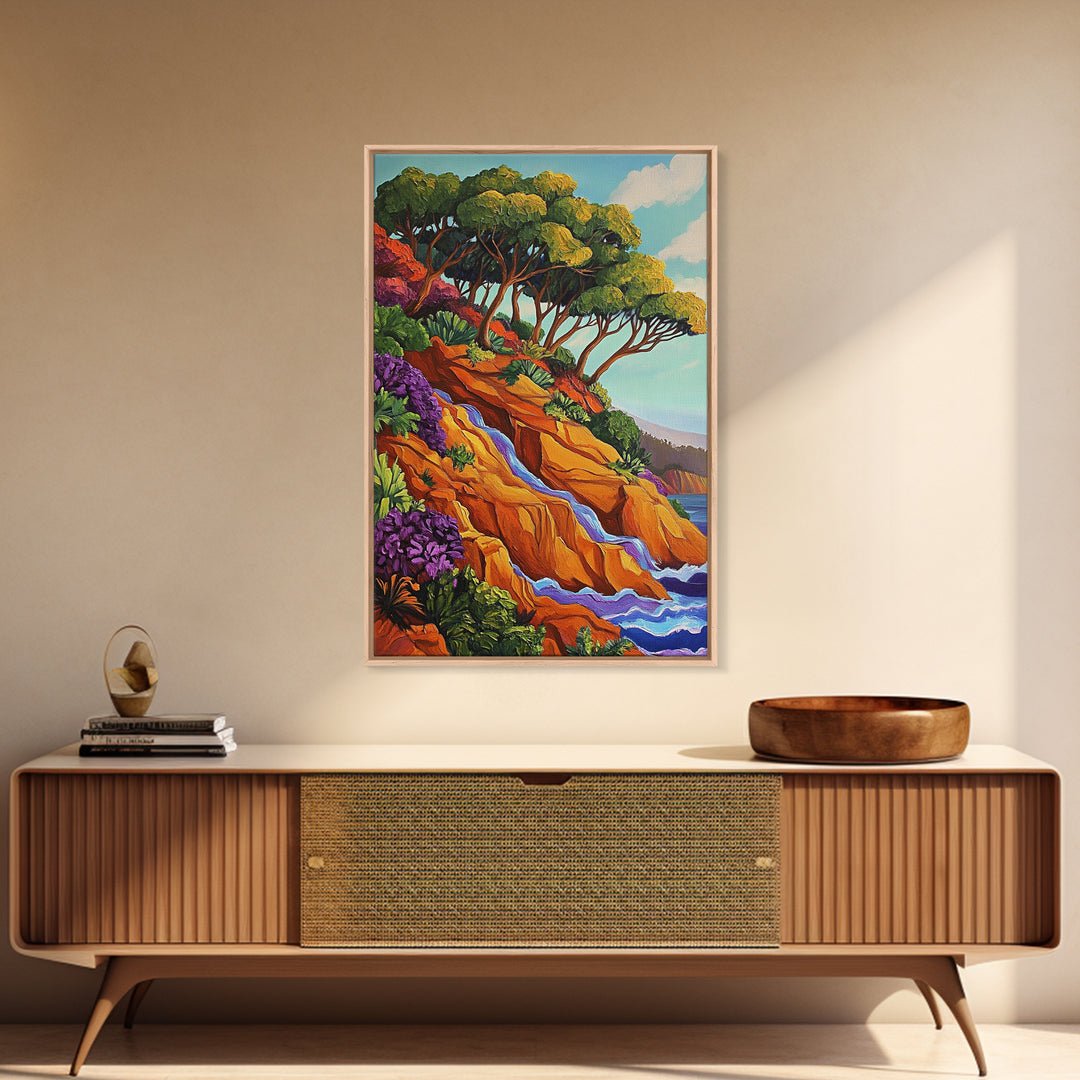 Cliffside Trees Flow, Coastal Waterfall Art, Canvas Print, Scenic Nature Wall Decor, Spa Bathroom Wall Art, Tranquil Landscape Scene